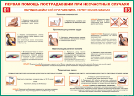 Таблица "Порядок действий при ранениях и термических ожогах" (100х140 сантиметров, винил) - fgospostavki.ru - Балашиха